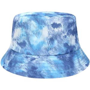 A tie-dye bucket hat featuring shades of blue and white, with a wide brim and an inner band.