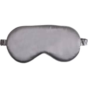 A satin sleep mask in a soft grey colour with an elastic strap for comfort. Features a logo.