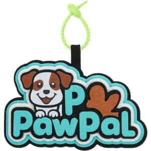 A custom felt hanging tag featuring a playful dog design with turquoise, black, brown, and orange colours.