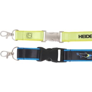 A poly satin lanyard with a black and blue section, and a bright yellow section featuring a logo and metal clips.