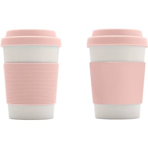 A drink bottle featuring a white bamboo fibre body with a pink silicone lid and matching grip. It has a logo.