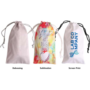 A trio of drawstring pouches in white, colourful patterned, and beige; each featuring different printing methods and a logo.