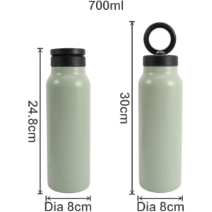 A drink bottle in a soft green colour, featuring a magnetic phone holder and a sleek design. Includes branding.