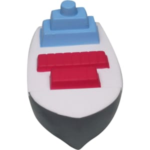 A stress reliever shaped like a container ship in blue, red, and white, featuring a logo on the side.