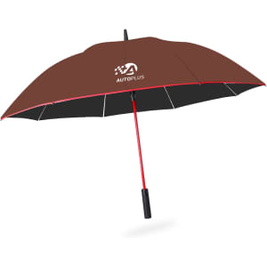 A brown car umbrella with a black underside and a red handle, featuring a logo on its canopy.