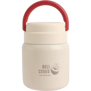 A stainless steel vacuum insulated food jar in cream with a red handle, featuring a logo on the front.