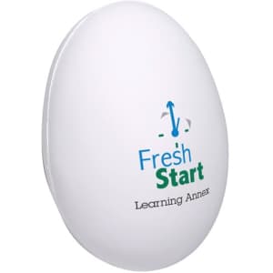 An egg-shaped stress reliever in white, featuring a logo and text on one side.