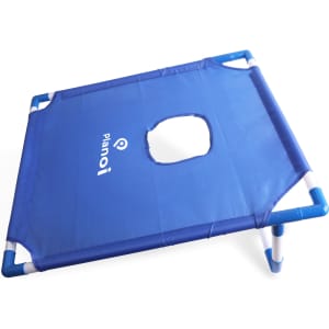 A portable cornhole game board in blue with a hole in the centre, featuring a logo on the surface.