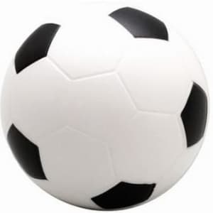 A white and black football-shaped stress reliever, featuring a classic design with hexagonal patches and a logo.