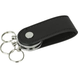 A black PU leather swivel drive with three metal keyrings attached.