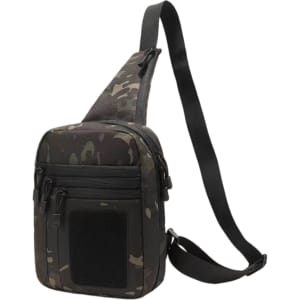 A tactical sling bag in a dark camouflage pattern with multiple zippered compartments and an adjustable strap.