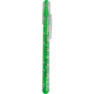 A green pen featuring a transparent body with a maze design and a clip for easy attachment.