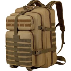 A tactical backpack in tan, featuring multiple compartments, straps, and a padded back for comfort.