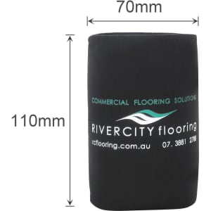 A foldable black stubby holder featuring a logo, measuring 70mm in width and 110mm in height.