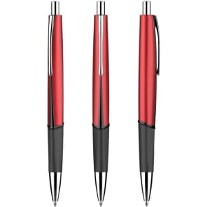 Three red plastic pens with black grips and silver accents, featuring a logo on each pen.