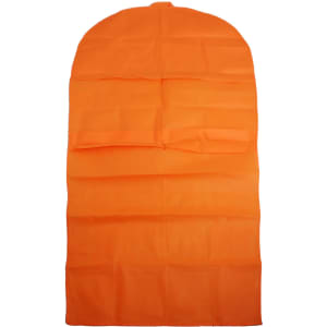 An orange non-woven car seat cover with multiple folds and a rounded top. It has a simple design and includes a logo.