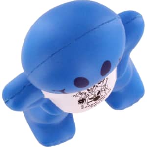 A blue stress reliever in the shape of a cartoonish figure with a white section featuring a logo.