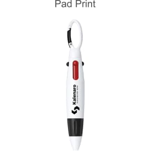 A white pen with a black branding logo and a red button, featuring a carabiner clip.