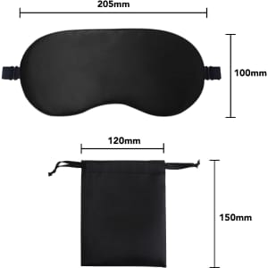 A black satin sleep mask with adjustable straps, accompanied by a matching pouch for storage.