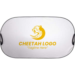 A light-blocking car sun shade in white with a yellow logo and outline. Features an oval shape with side handles.