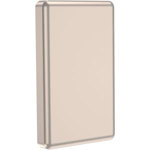 A sleek aluminium power bank in a neutral colour, featuring a compact design and a logo on its surface.