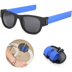 Slap band sunglasses featuring black frames with blue arms and a matching slap band accessory.