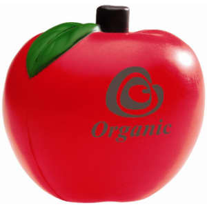 A red apple-shaped stress reliever with a green leaf and a black stem, featuring a logo.