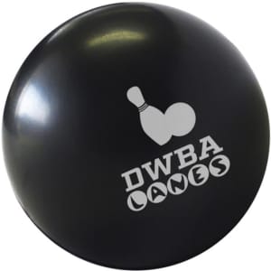 A black bowling ball-shaped stress reliever featuring a logo on its surface.