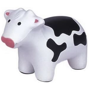 A white and black cow-shaped stress reliever with a pink nose, featuring a simple design and a branding logo.