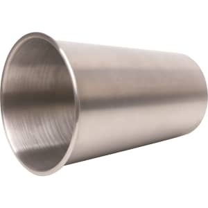A stainless steel cup with a sleek, shiny finish, featuring a simple design and an interior with a brushed texture.
