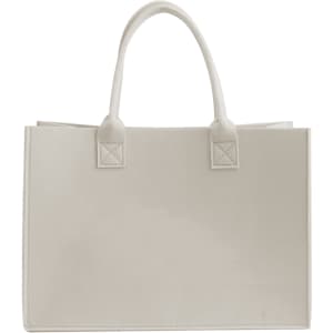 A customizable felt tote bag in a light beige colour with two handles, featuring a simple design and a logo.
