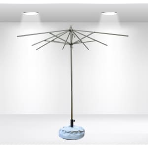 A 3x3m square market umbrella in grey with a blue base, featuring a central pole and several extending ribs.