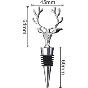 A wine stopper with a silver deer head design and black rubber grip, measuring 64mm in height and 45mm in width.