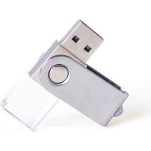 A mini swivel crystal flash drive in silver and clear, featuring a metal swivel mechanism and an embedded logo.