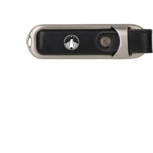 A black Taurus flash drive with a metal casing and a leather strap, featuring a logo on the side.