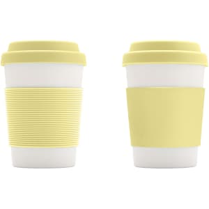 A bamboo fibre coffee cup featuring a white body and a yellow silicone lid, with two different silicone sleeve designs.