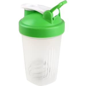 A drink bottle with a clear body and green lid, featuring a loop and a mixing ball inside.