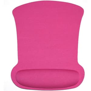 A pink gel mouse mat featuring a cushioned wrist rest and a smooth surface, with a branding logo.