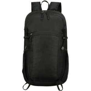 A black packable hiking backpack featuring multiple zippered pockets and mesh side pouches, with a logo on the front.