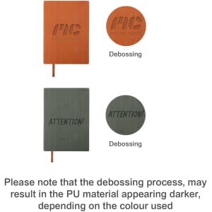 A5 PU leather notebook in orange and grey, featuring debossed designs on the front cover. Includes a ribbon bookmark.