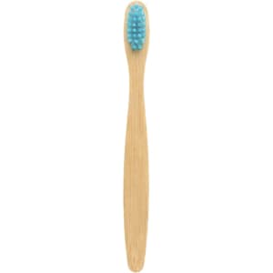 A small bamboo toothbrush with a natural bamboo handle and a light blue bristle head.