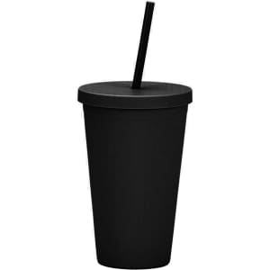 A black matte plastic cup with a lid and a black straw. Features a logo on the cup.