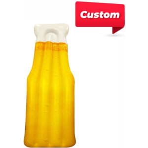 A drink bottle designed to look like a beverage, featuring yellow and white colours with a logo.