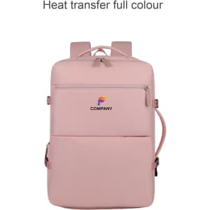 A pink expandable travel backpack with multiple compartments and a logo on the front.