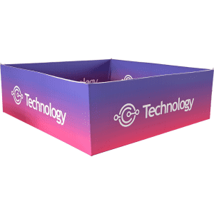 A square hanging banner in gradient purple and pink featuring a logo on the side.