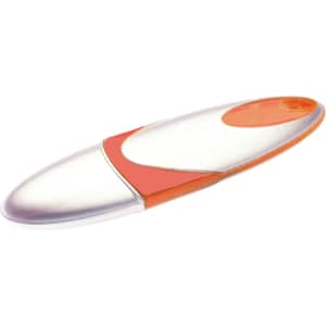 A silver and orange Neptune flash drive with a sleek, elongated design and a branding logo on it.