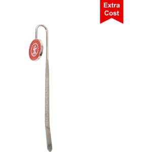 A metal bookmark with a circular top design, featuring a logo and a shiny silver finish.