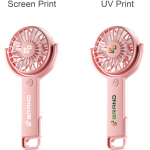 A pink handheld fan with a 180° adjustable angle, featuring two printing styles and a branding logo.