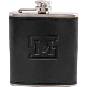 A drink bottle, classic hip flask in black leather with a silver top and an embossed logo.