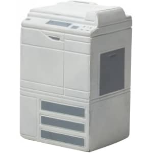 A white photocopier-shaped stress reliever with grey details and a logo. Ideal for stress relief and fun.